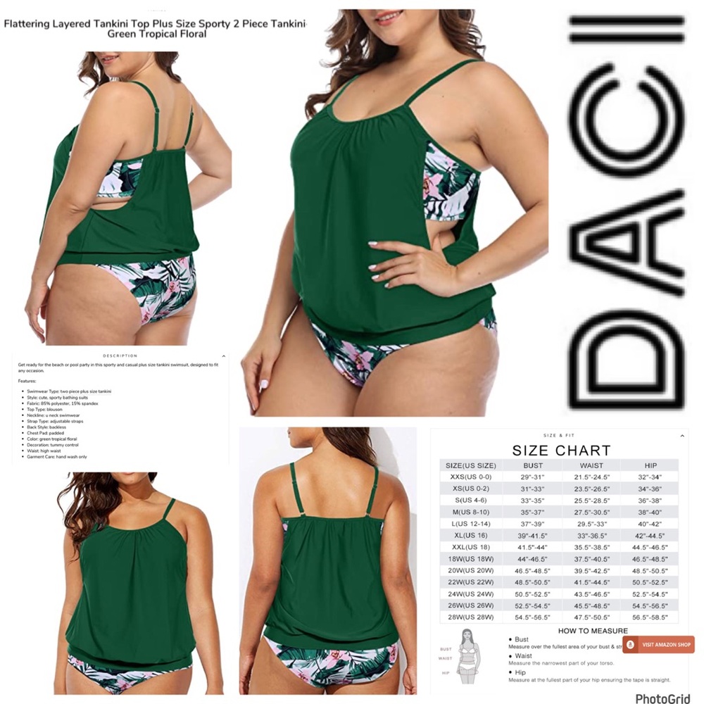 Daci 20W plus size green floral Tankini two piece swimsuit NWT